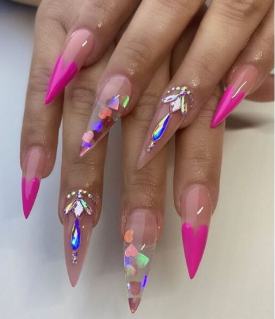 Pink and clear short stiletto nails